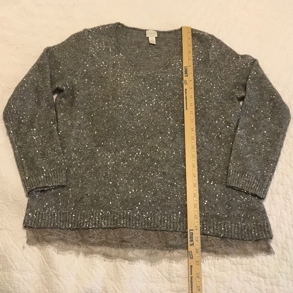 Chico’s long sleeved heather gray vneck sweater with tiny metallic sequins (L) - Picture 8 of 16